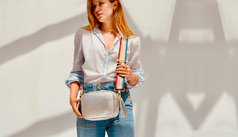 Silver Leather Crossbody Bag With Rainbow Strap