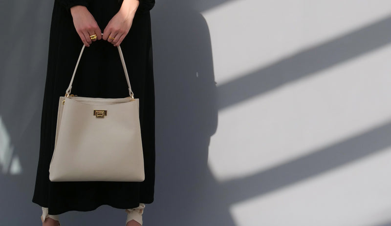 Stone Leather Tote Bag With Navy & Gold Stripe Strap