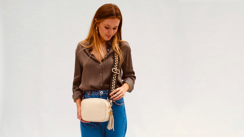 Stone Leather Crossbody Bag With Olive & Black ZigZag Strap