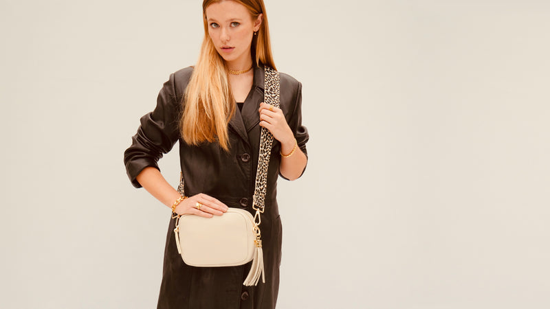 Stone Leather Crossbody Bag With Apricot Cheetah Strap