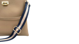 Taupe Leather Tote Bag With Navy & Gold Stripe Strap