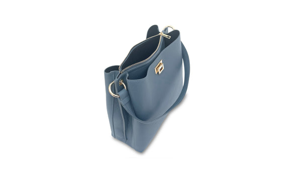 Denim Blue Leather Tote Bag With Rainbow Strap