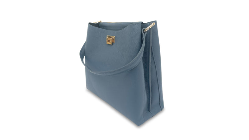 Denim Blue Leather Tote Bag With Rainbow Strap