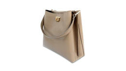 Taupe Leather Tote Bag With Navy & Gold Stripe Strap