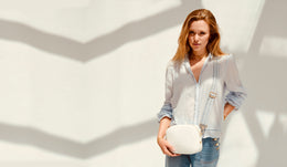 White Leather Crossbody Bag With Denim Blue Chevron Strap