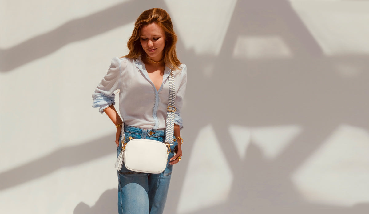 The Tassel White Leather Crossbody Bag With Denim Blue Chevron Strap