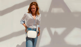 White Leather Crossbody Bag With Denim Blue Chevron Strap